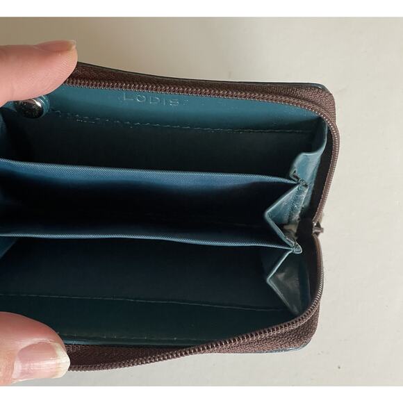 Lodis Brown & Teal Leather Credit Card Wallet with Key Ring Zip Around - Picture 4 of 6